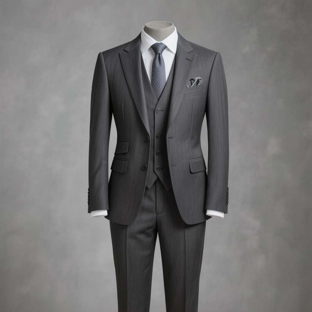 Bespoke three-piece charcoal suit with perfect tailoring